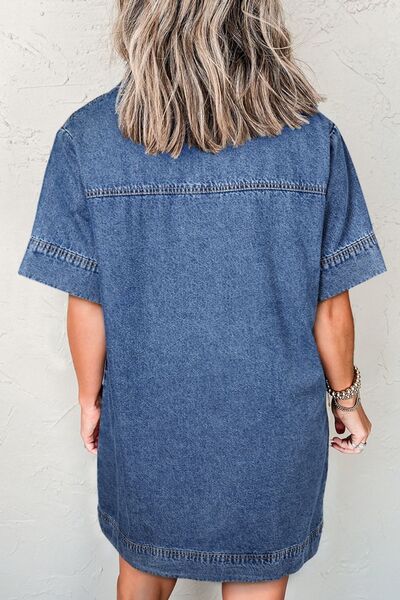 Short Sleeve Collared Patched Pocket Denim Mini Dress OutfitFlow