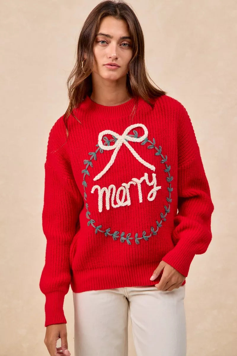 BiBi Christmas Wreath Merry Letter Knit Top OutfitFlow