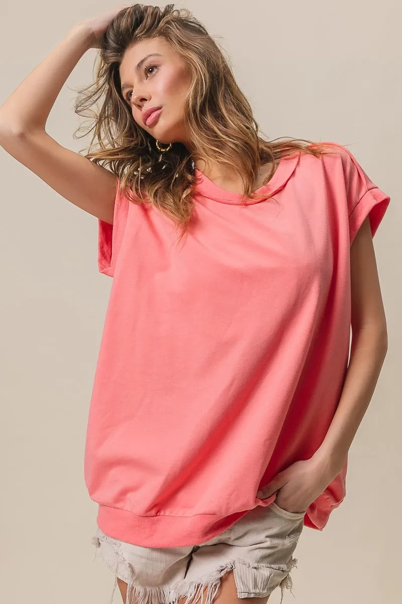 BiBi French Terry Drop Shoulder Basic Top OutfitFlow