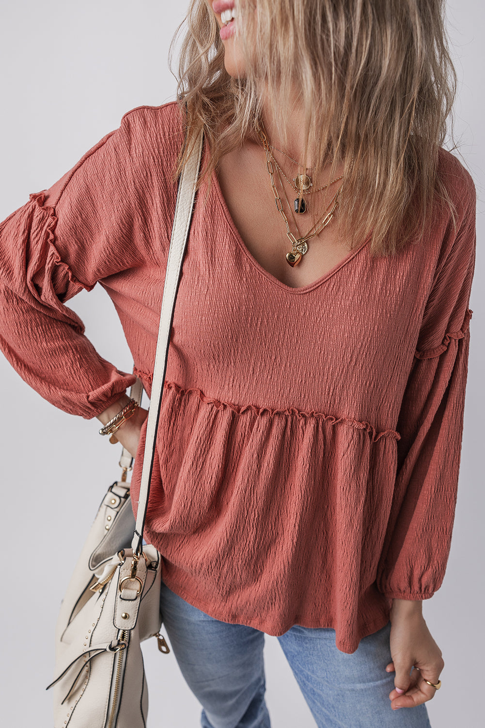 Outfit Flow - Frill V-Neck Long Sleeve Blouse