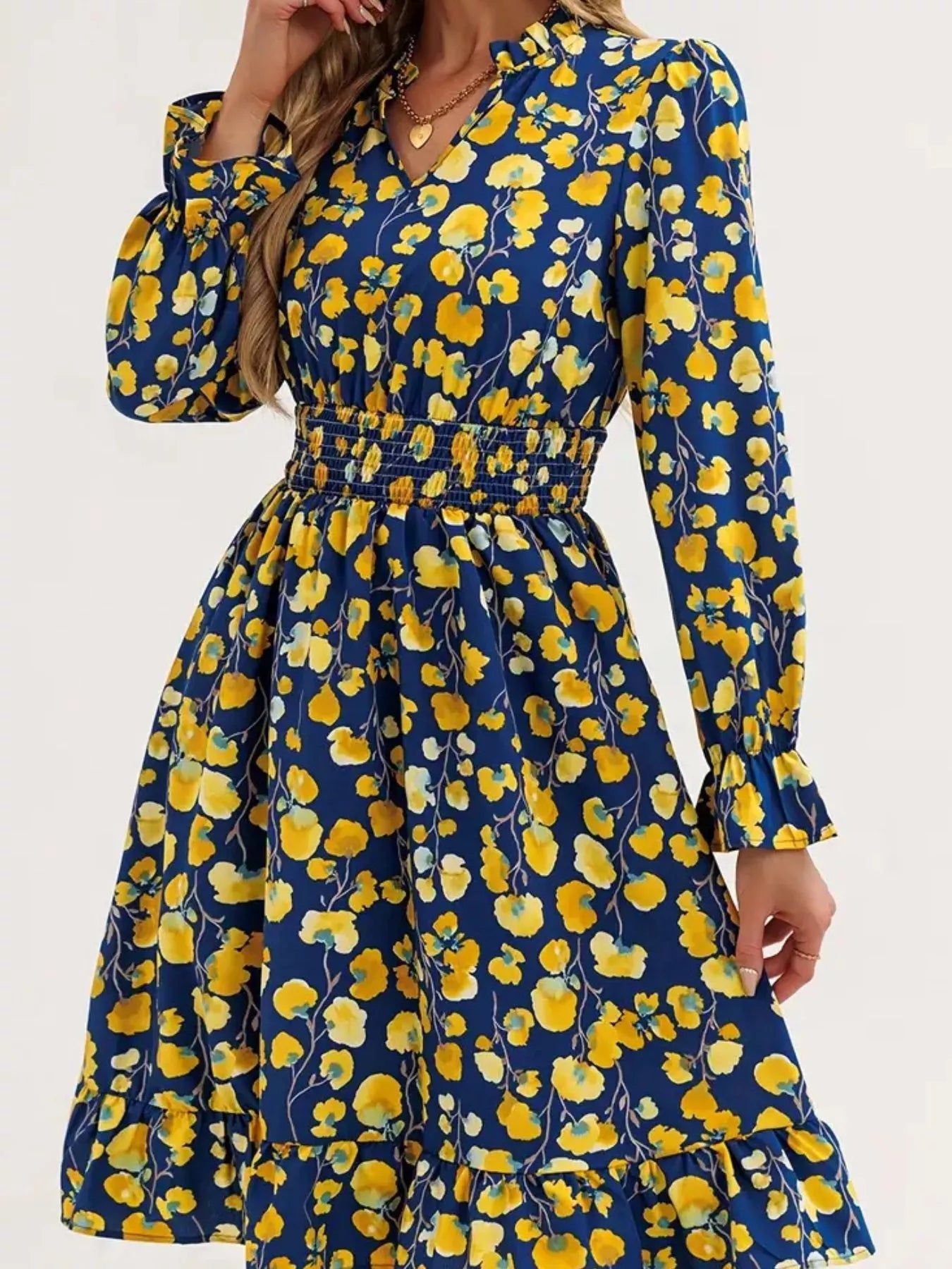 Floral Notched Flounce Sleeve Dress OutfitFlow