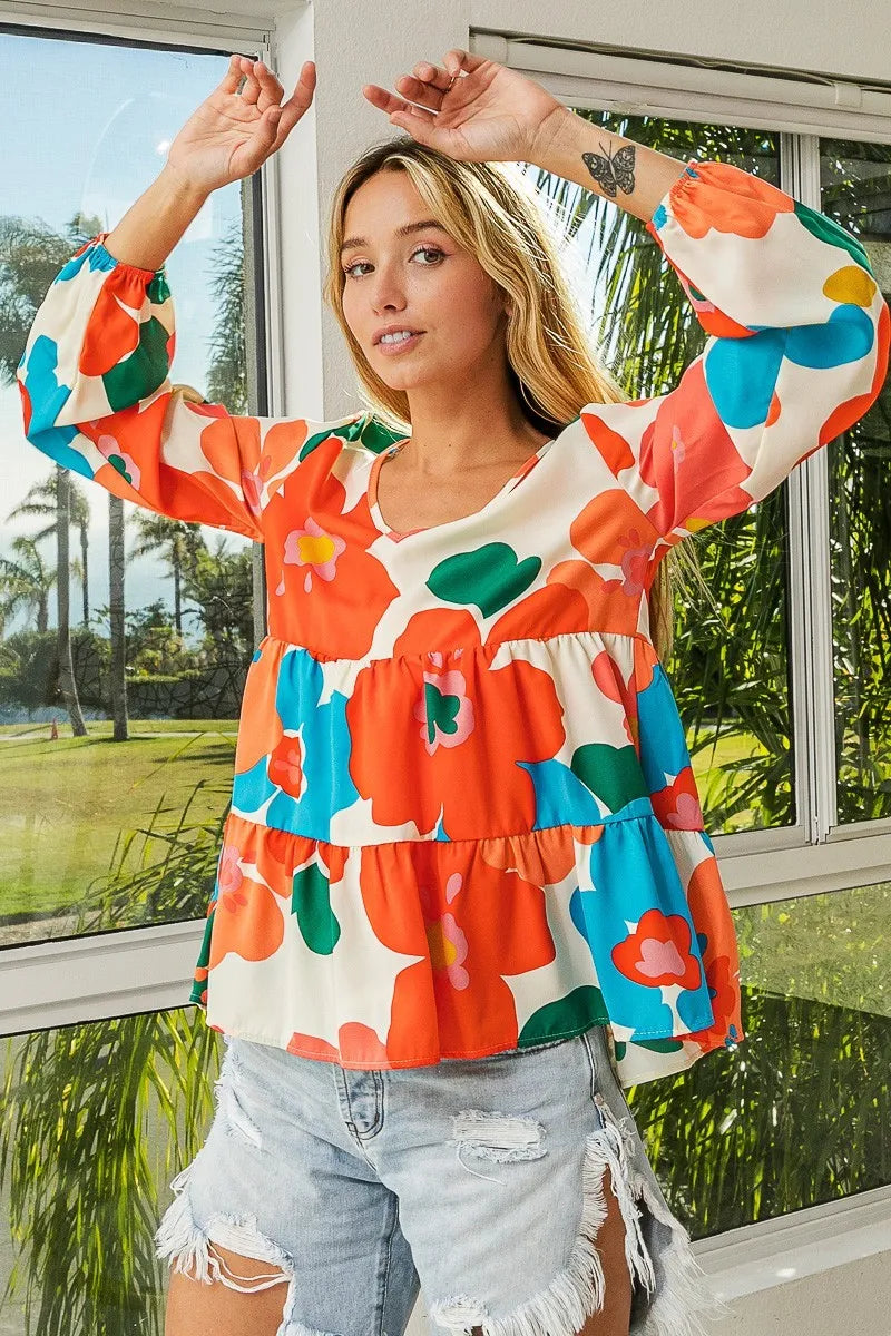 BiBi Floral Woven Tiered V Neck Top Trendsi