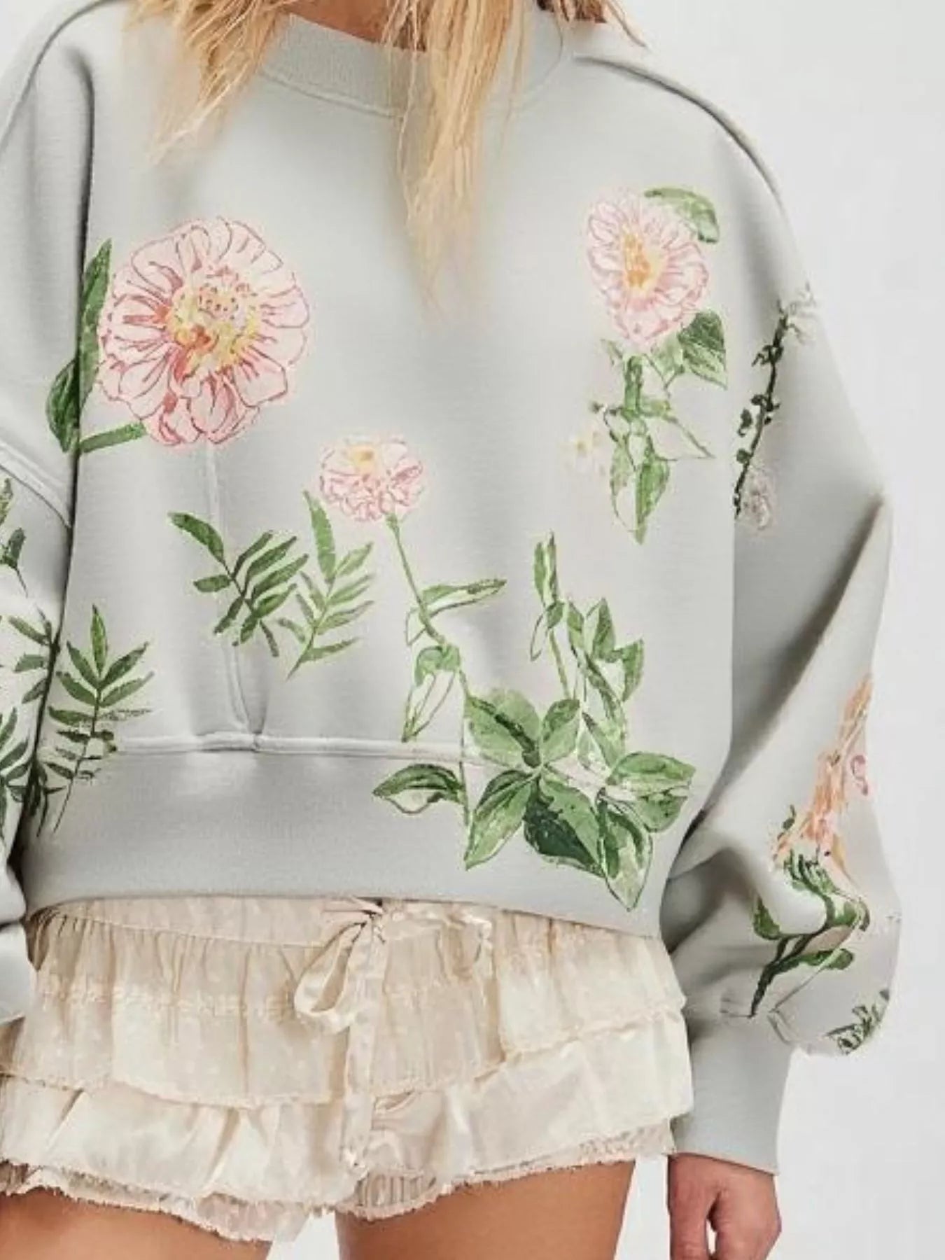 Printed Round Neck Dropped Shoulder Sweatshirt OutfitFlow