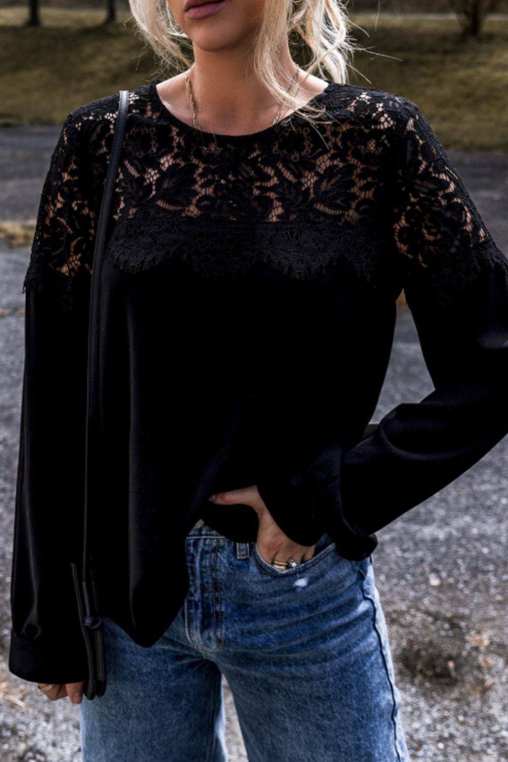 Lace Detail Round Neck Long Sleeve Blouse Outfit Flow