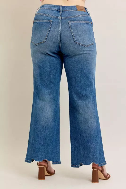 Judy Blue Full Size High Waist Tummy Control Chew Hem Destroy Wide Jeans Plus Size OutfitFlow