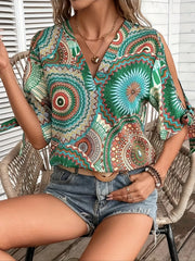 Printed V-Neck Half Sleeve Blouse Dark Green OutfitFlow