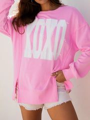 Sequin XOXO Letter Graphic Exposed Seam Baggy Sweatshirt OutfitFlow