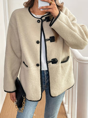 Outfit Flow - Contrast Trim Drop Shoulder Plush Coat