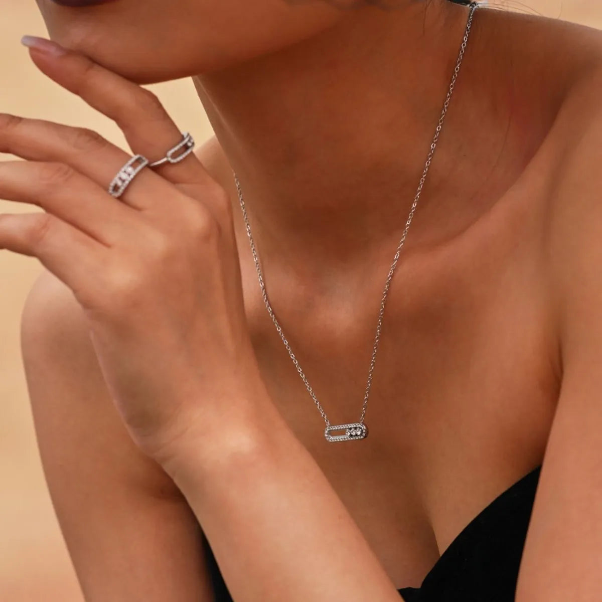Moving Crystal Bar Necklace and Ring Jewelry Set Silver One Size OutfitFlow