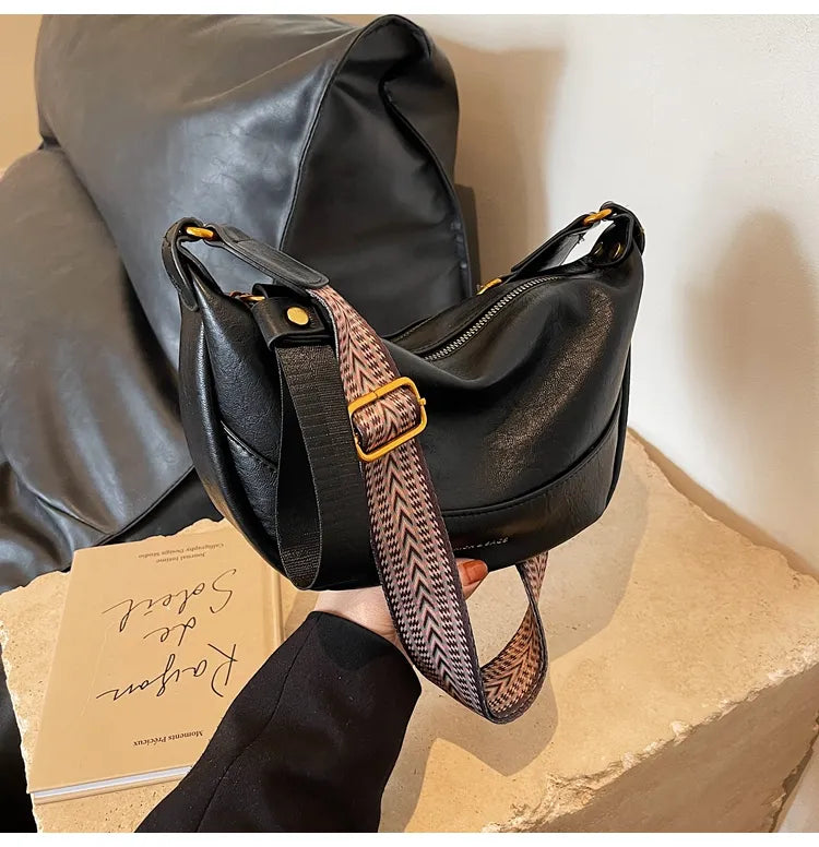 Leather Shoulder Bag with Woven Strap Black onesize OutfitFlow