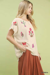 Umgee Linen Blend Embroidered Frayed Hem Top OutfitFlow