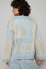 POL Raw Hem Zip Up Denim Jacket with Plaid and Crochet Patch OutfitFlow