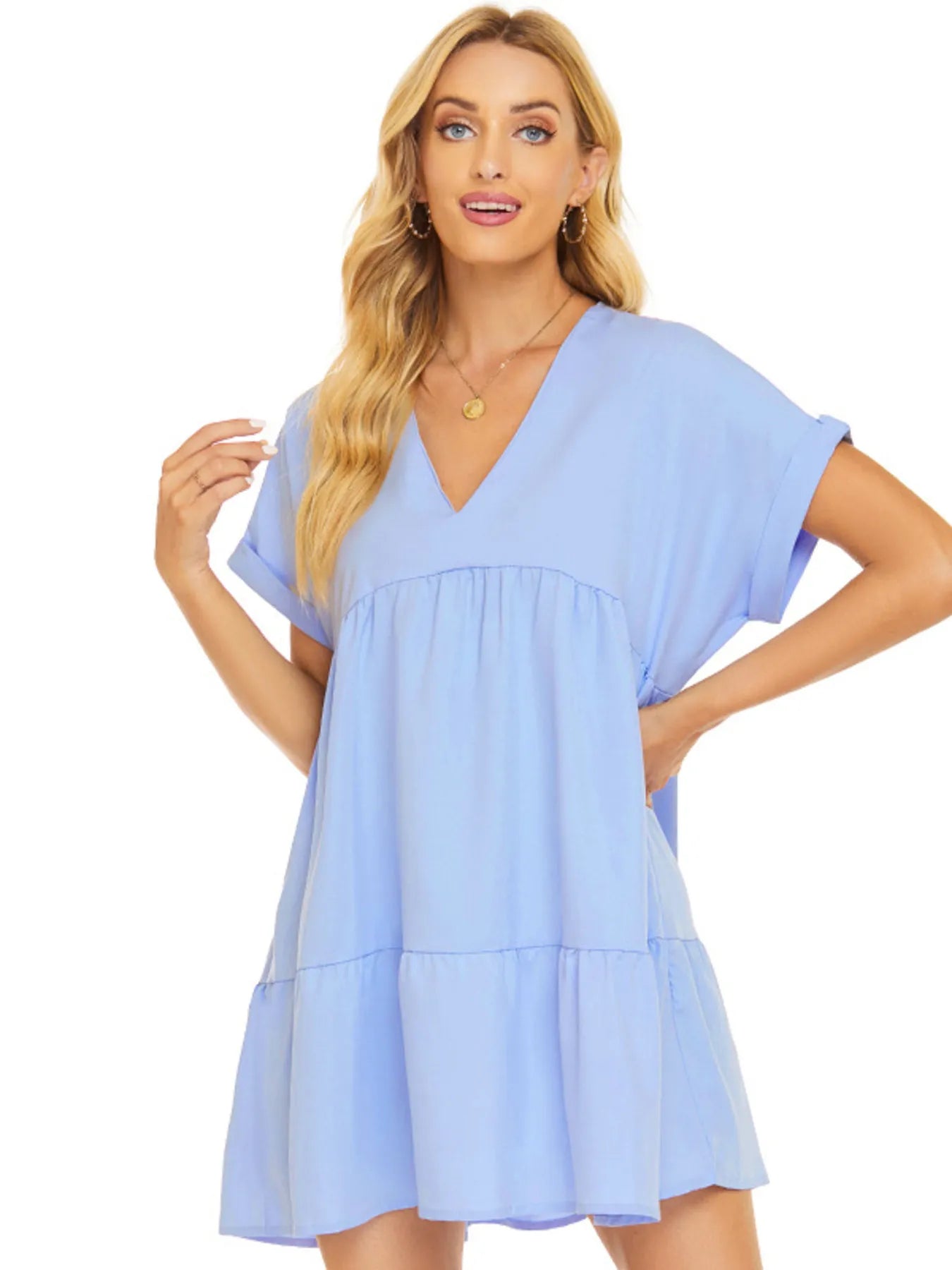 V-Neck Babydoll Tiered Mini Dress OutfitFlow