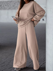 Casual Loose Fit Top and Pants Two-Piece Set Khaki OutfitFlow