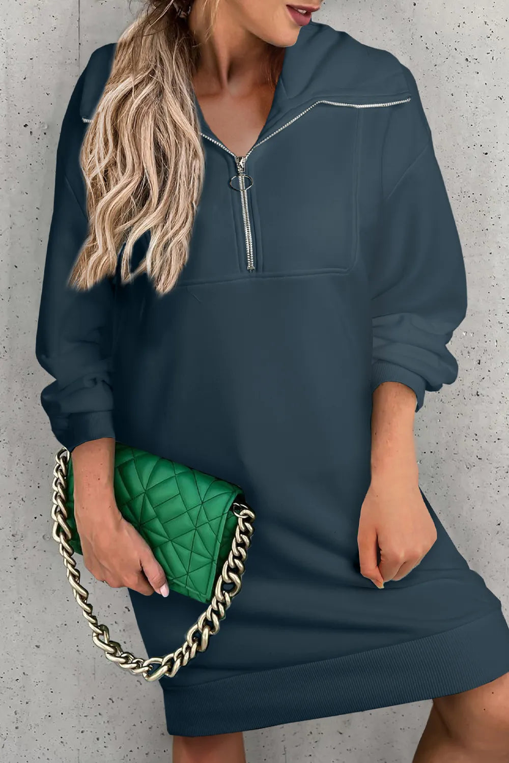 Half Zip Dropped Shoulder Mini Sweatshirt Dress OutfitFlow