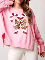 Christmas Candy Cane Bow Dropped Shoulder Sweatshirt OutfitFlow
