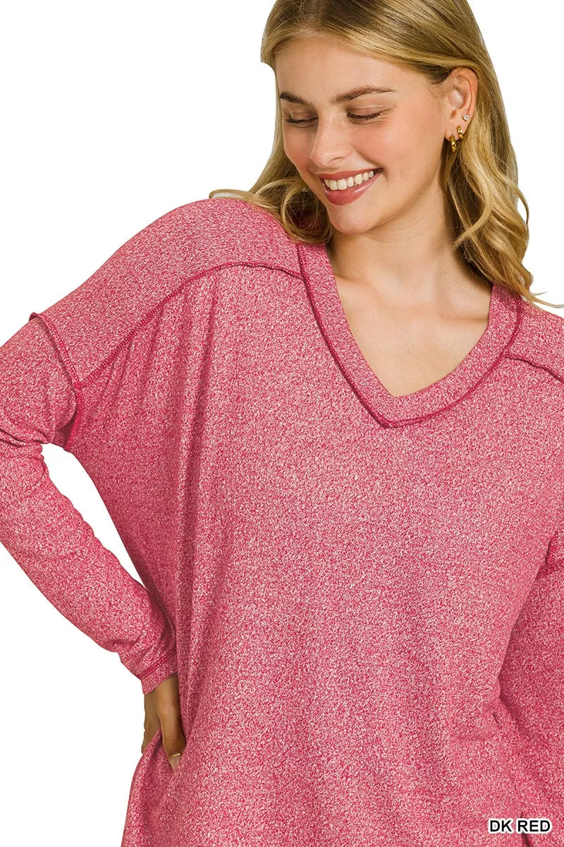 Zenana Soft Melange Hacci Exposed Seam Hi-low Tee OutfitFlow