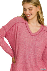 Zenana Soft Melange Hacci Exposed Seam Hi-low Tee OutfitFlow