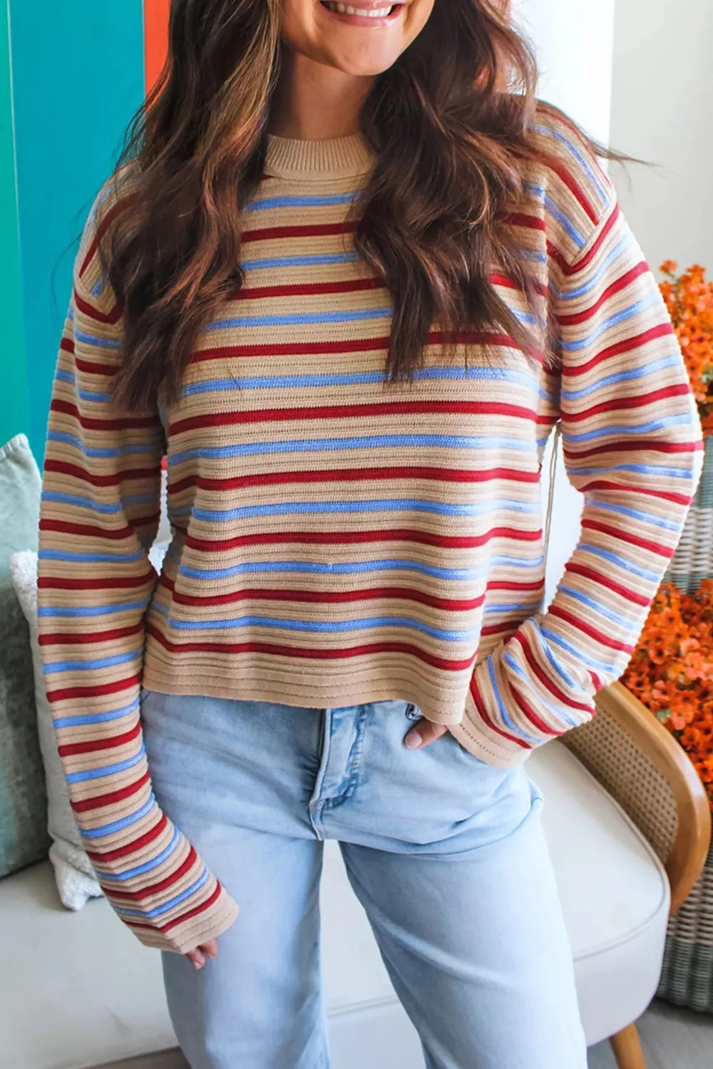 Striped Long Sleeve Round Neck Sweater Stripe OutfitFlow