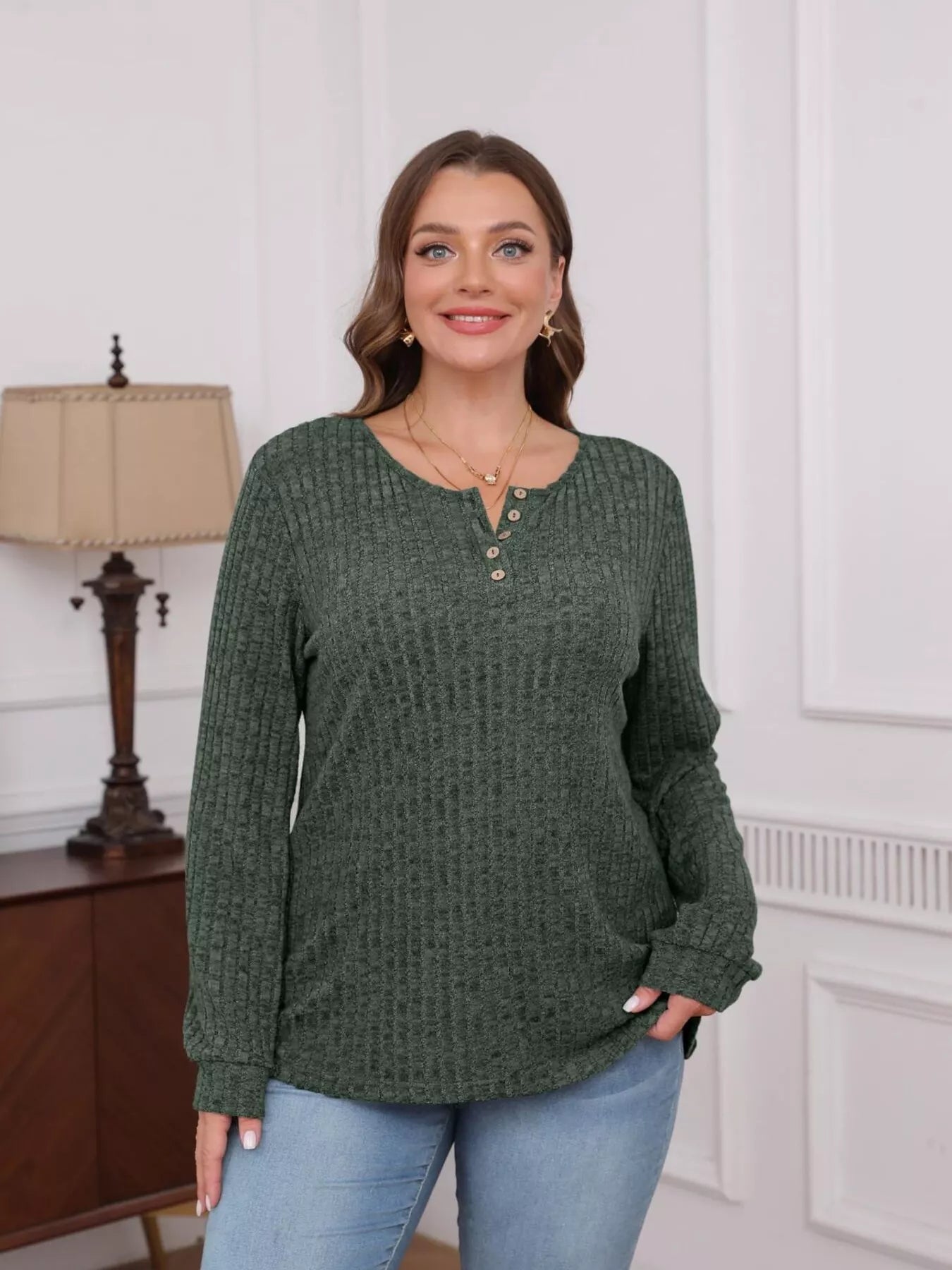 Ribbed Knit Button-Front Long Sleeve T-Shirt OutfitFlow