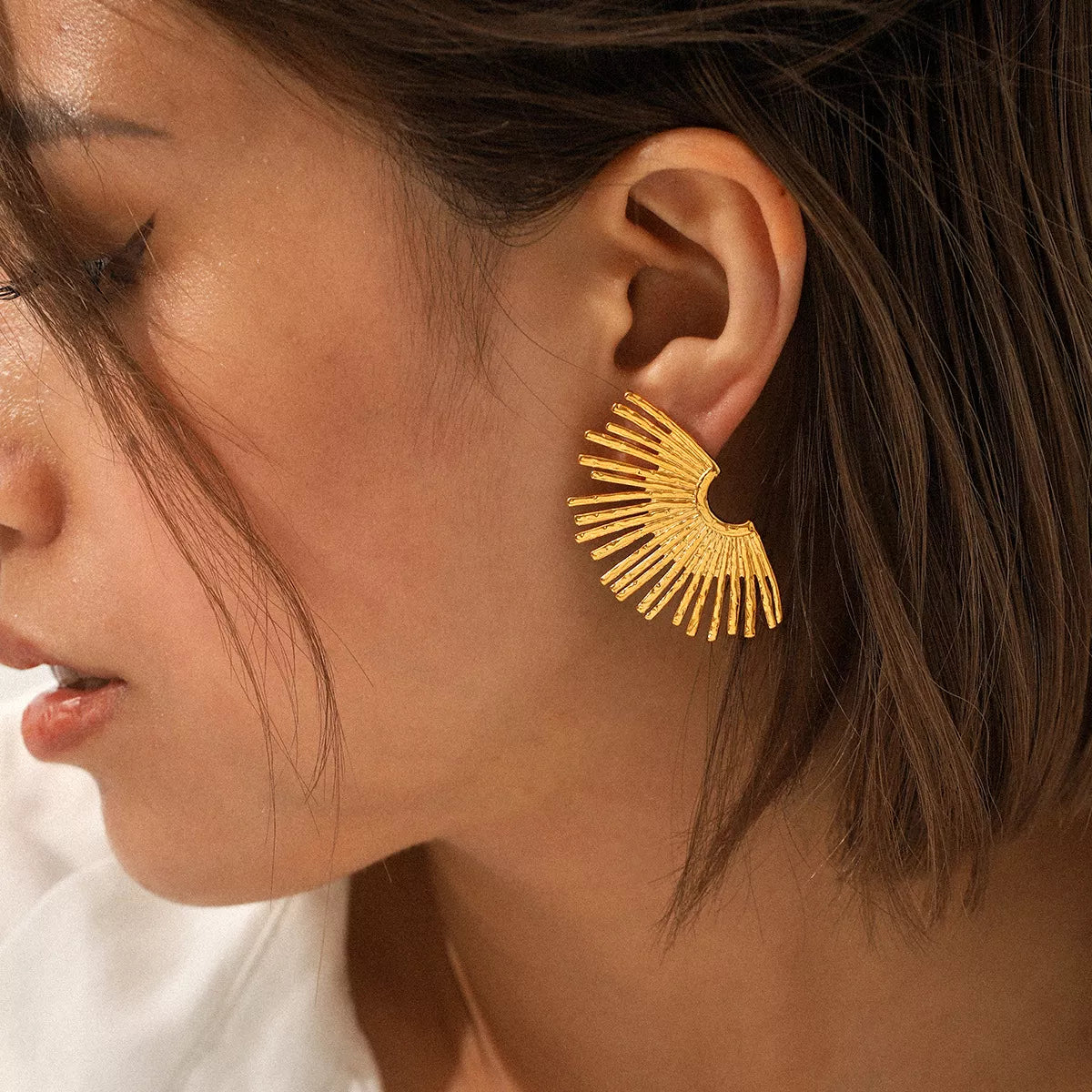 Stainless Steel Fan-Shaped Earrings Gold onesize OutfitFlow