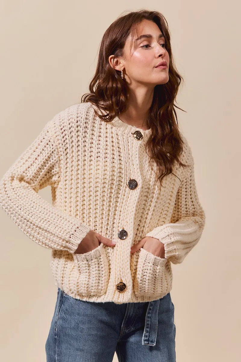 SO ME Metal Button Long Sleeve Chunky Sweater Cardigan OutfitFlow
