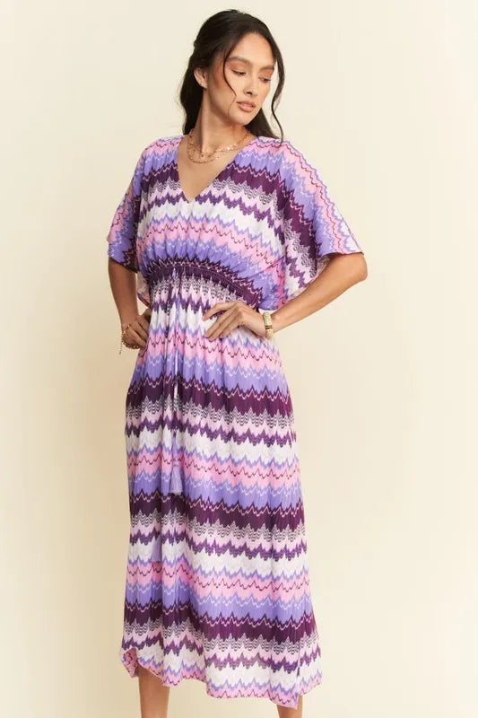 Davi & Dani Multi Color Wavy Tie Waist Flowy Sleeve Dress OutfitFlow