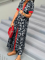 Leopard Print Button-Down Dress with Contrast Trim OutfitFlow