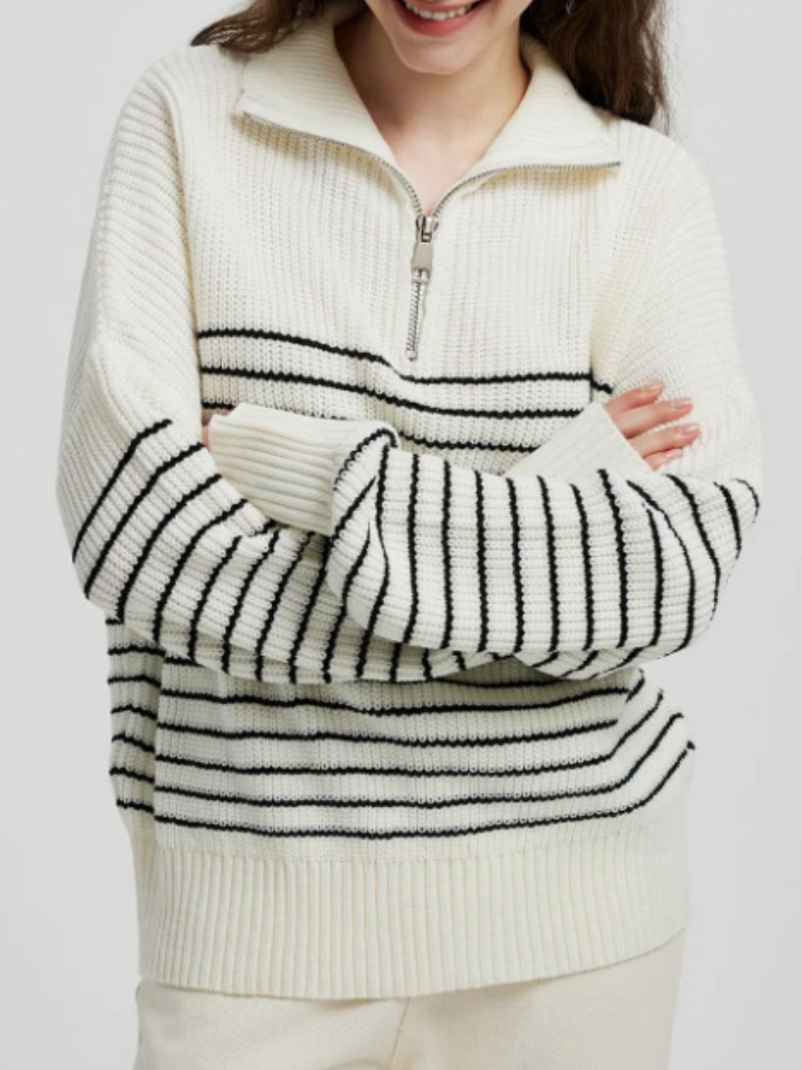 Outfit Flow - Striped Half Zip Long Sleeve Sweater