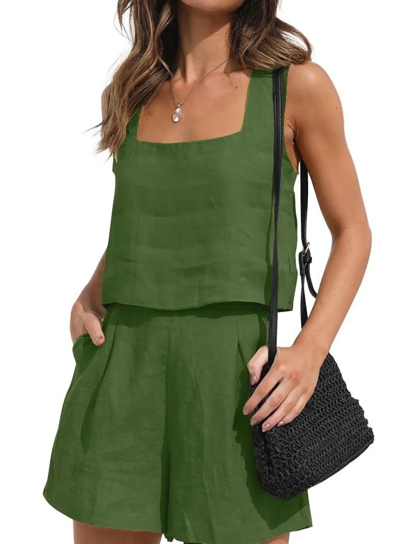 Square Neck Tank and Shorts Set Army Green OutfitFlow