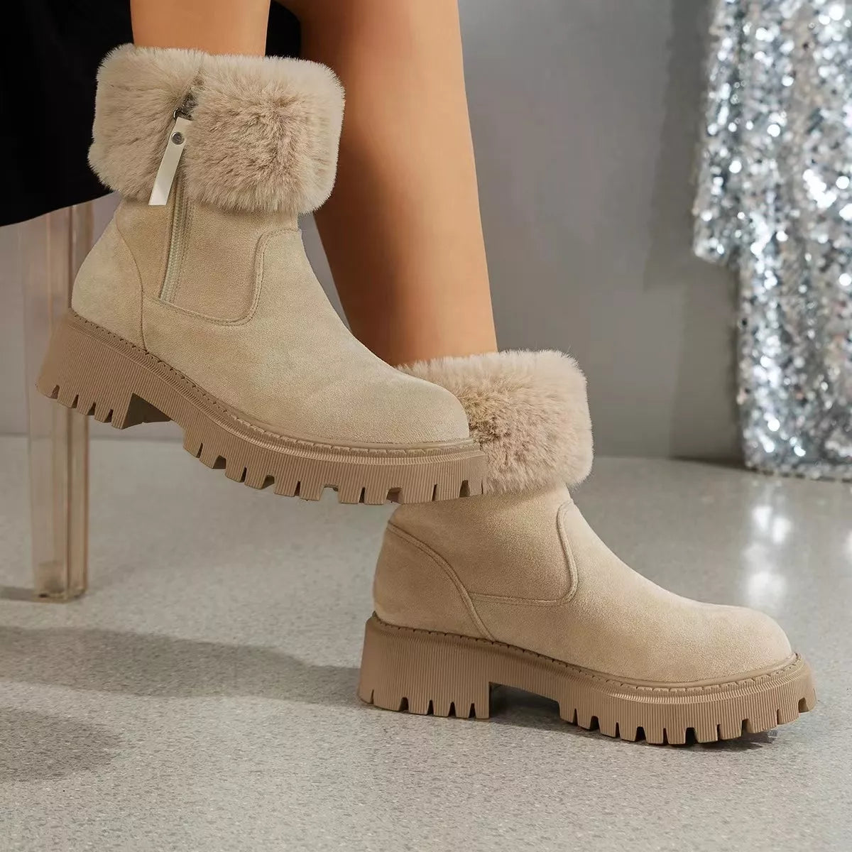 Side Zipper Fuzzy Boots Creamy-white Trendsi