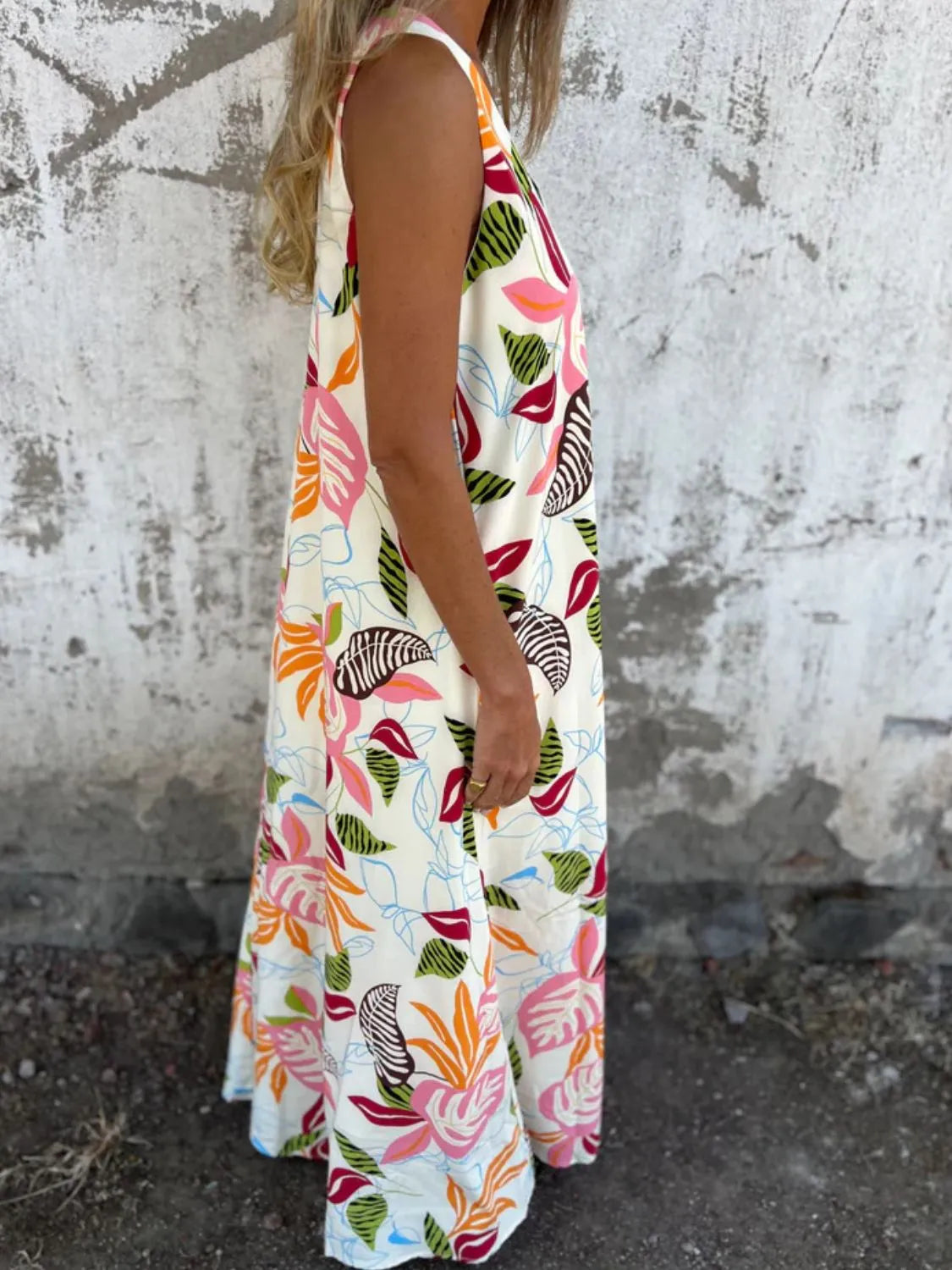 Full Size Printed V-Neck Sleeveless Dress Plus Size OutfitFlow