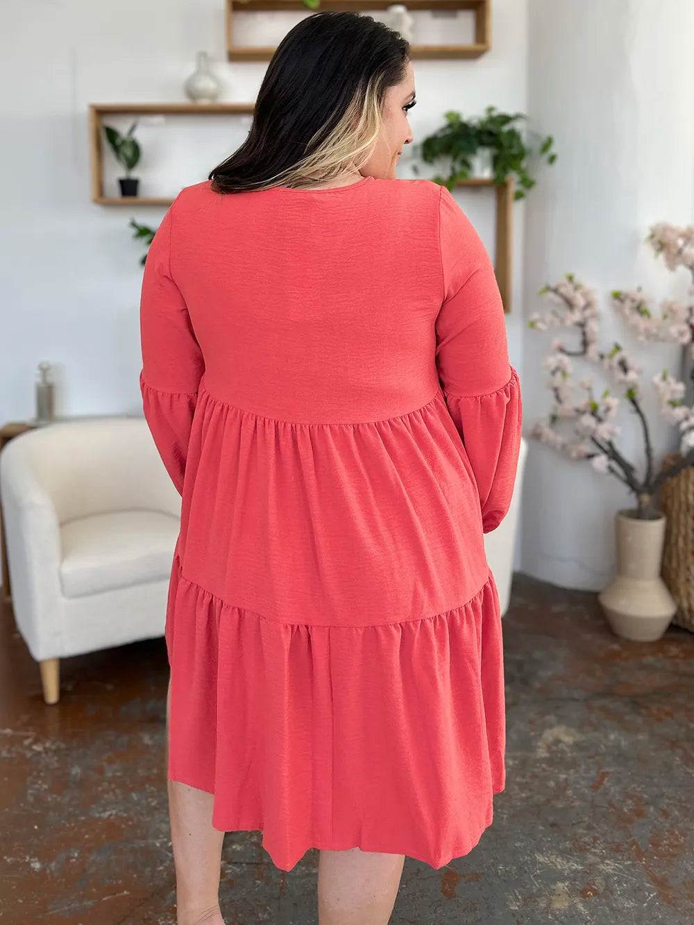 Double Take Full Size V-Neck Balloon Sleeve Tiered Dress with Pockets OutfitFlow