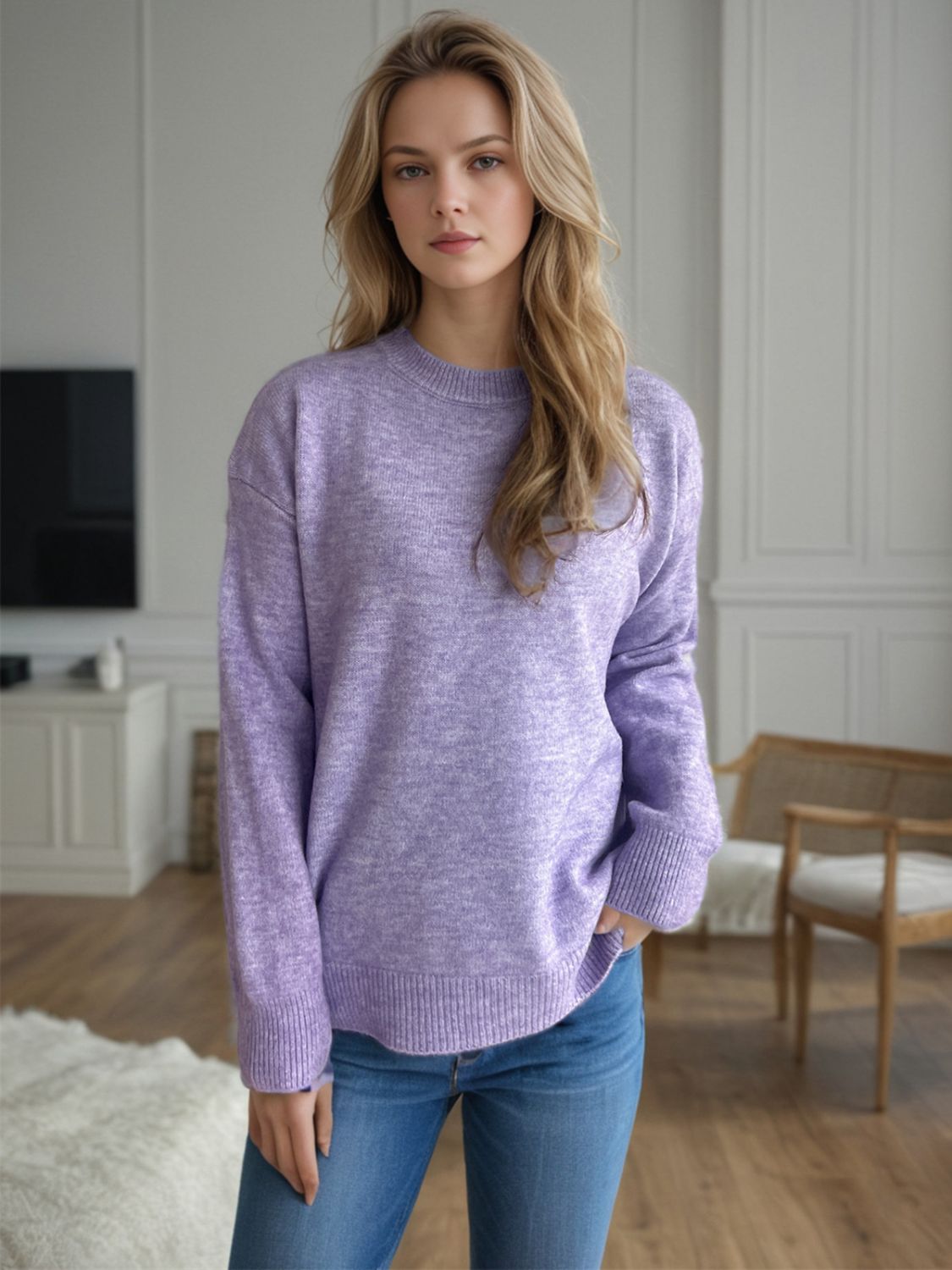 Outfit Flow - Round Neck Drop Shoulder Long Sleeve Sweater