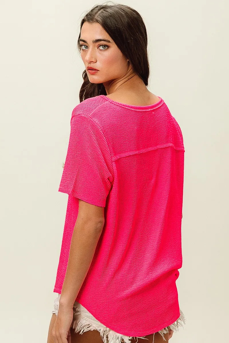 BiBi Waved Rib U Neck Top With Front Pocket OutfitFlow
