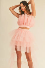 MABLE Tulle Tube Ruffle Crop Top and High Low Maxi Skirt Set OutfitFlow