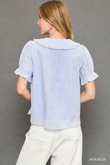 Umgee Peter Pan Collared Button Down Textured Shirt with Ruffled Detail Trendsi