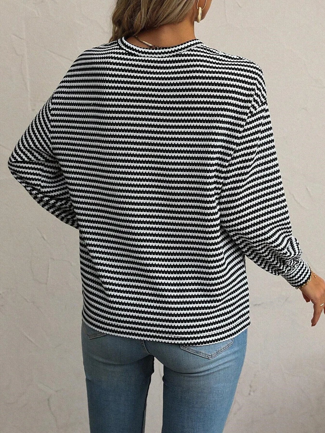 Striped Round Neck Lantern Sleeve Top OutfitFlow
