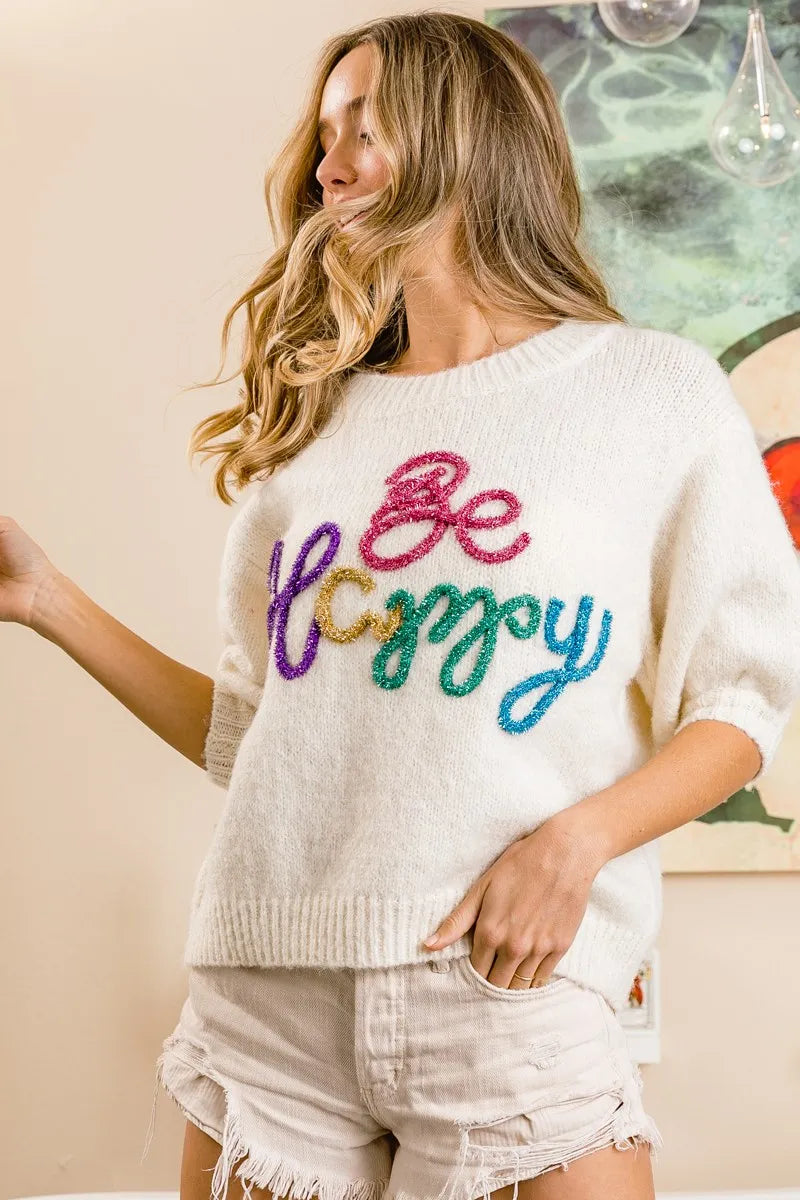 BiBi Metallic Letter Short Puff Sleeve Hairy Sweater OutfitFlow