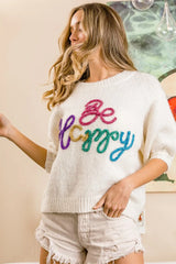 BiBi Metallic Letter Short Puff Sleeve Hairy Sweater OutfitFlow