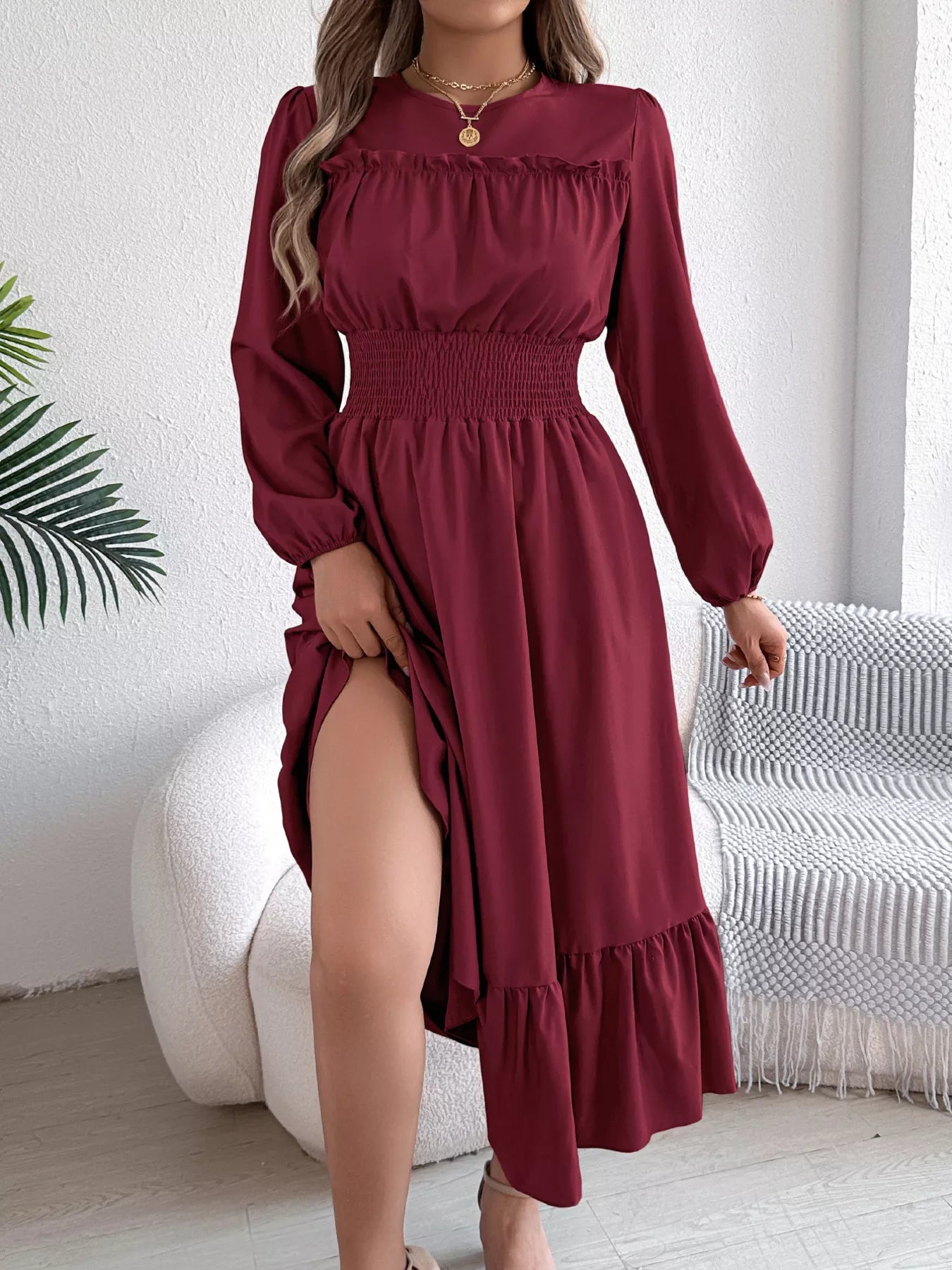 Round Neck Balloon Sleeve Tiered Dress OutfitFlow