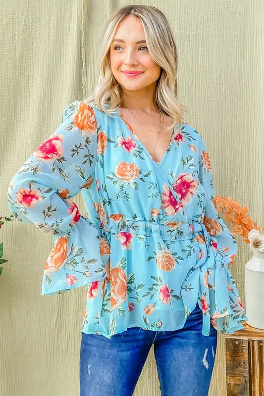 And The Why Floral Print Draw String Bell Sleeve Top OutfitFlow
