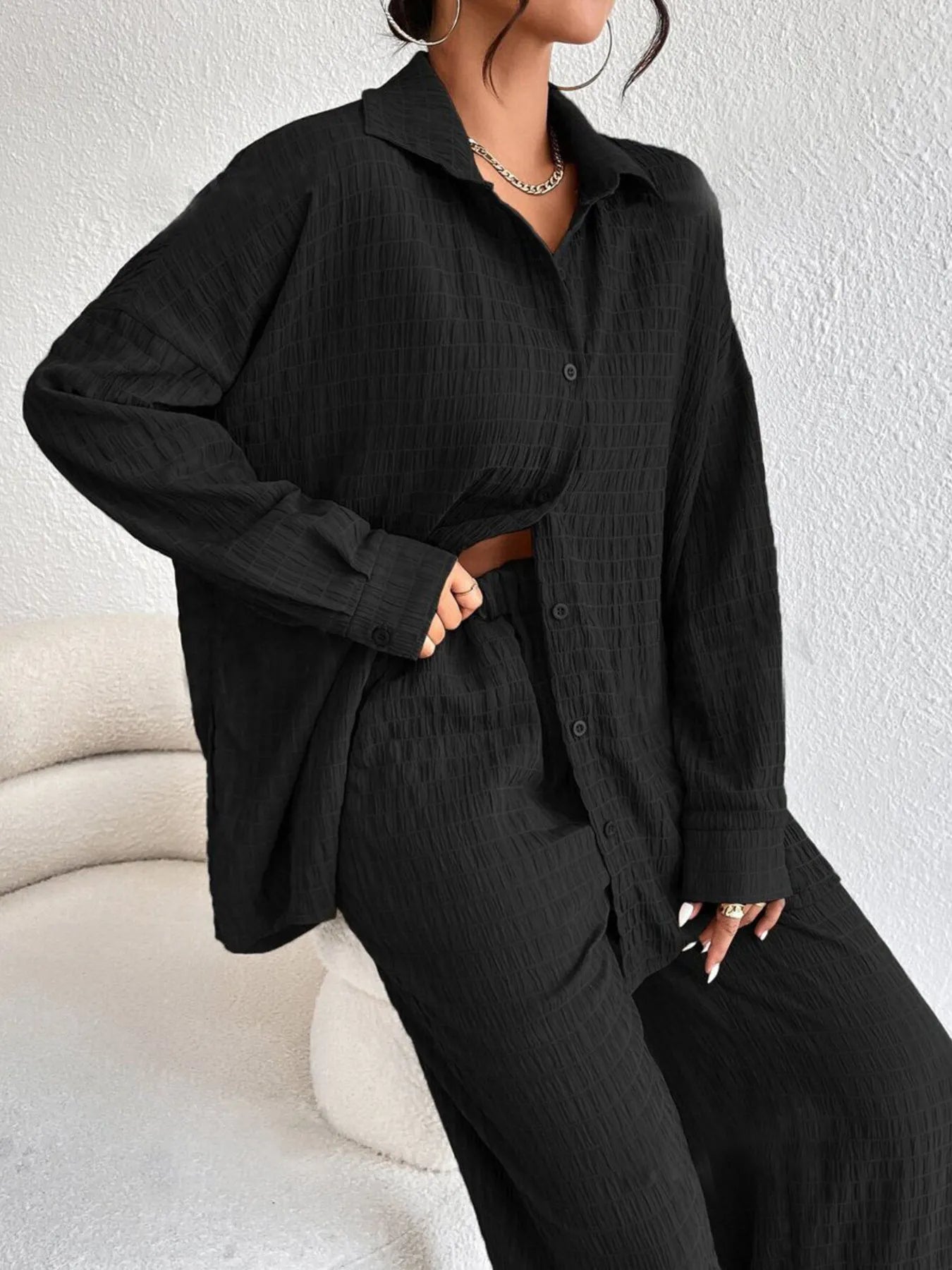 Button Up Long Sleeve Shirt and Pants Set OutfitFlow