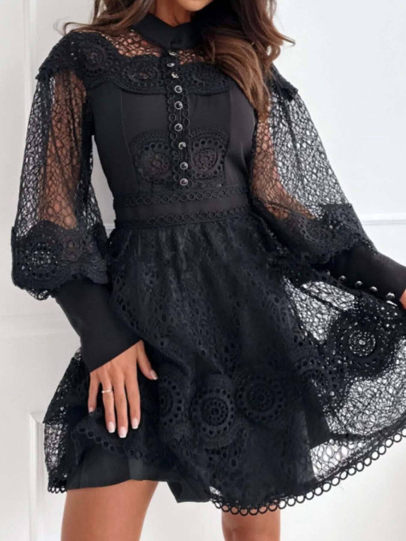 Lace Lantern Sleeve Mini Dress OutfitFlow