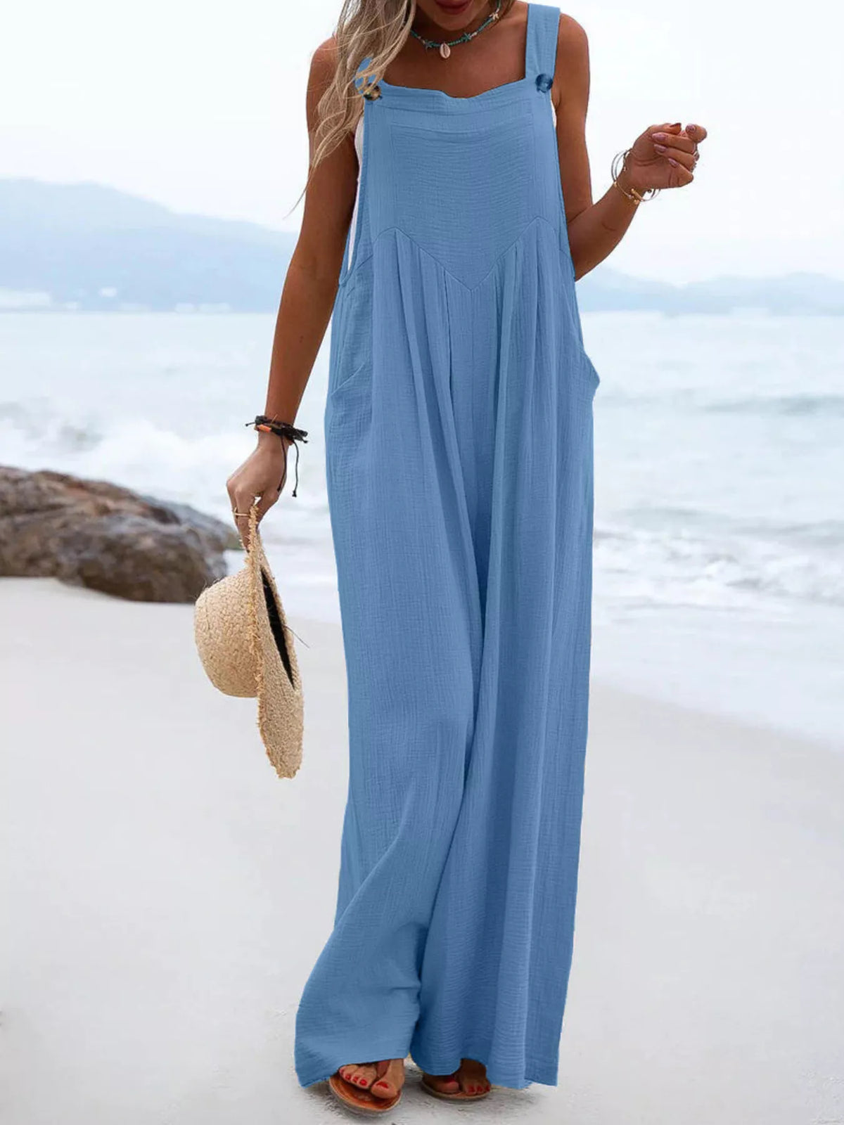 Full Size Casual Loose Wide Leg Overalls Plus Size Blue OutfitFlow