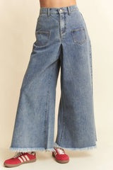 Davi & Dani Patch Pocket Wide Leg Culotte Jeans LIGHT DENIM OutfitFlow