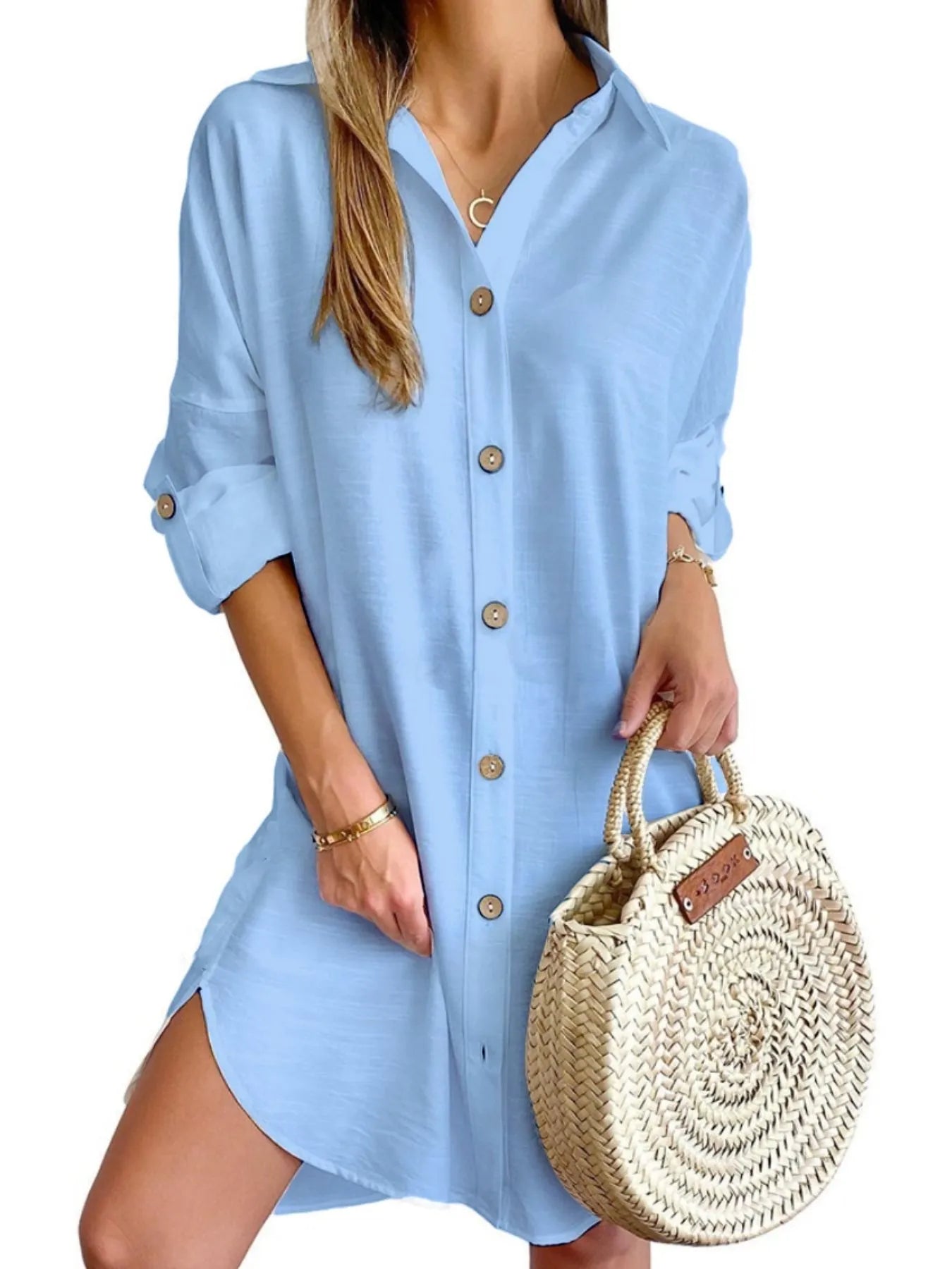 Button Down Long Sleeve Shirt Dress Blue OutfitFlow