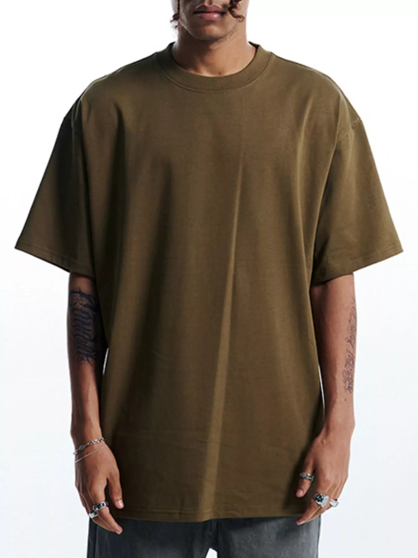 Men's Round Neck Oversized Cotton T-Shirt Brown OutfitFlow