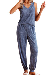 Ribbed Knit V-Neck Tank and Pants Lounge Set OutfitFlow