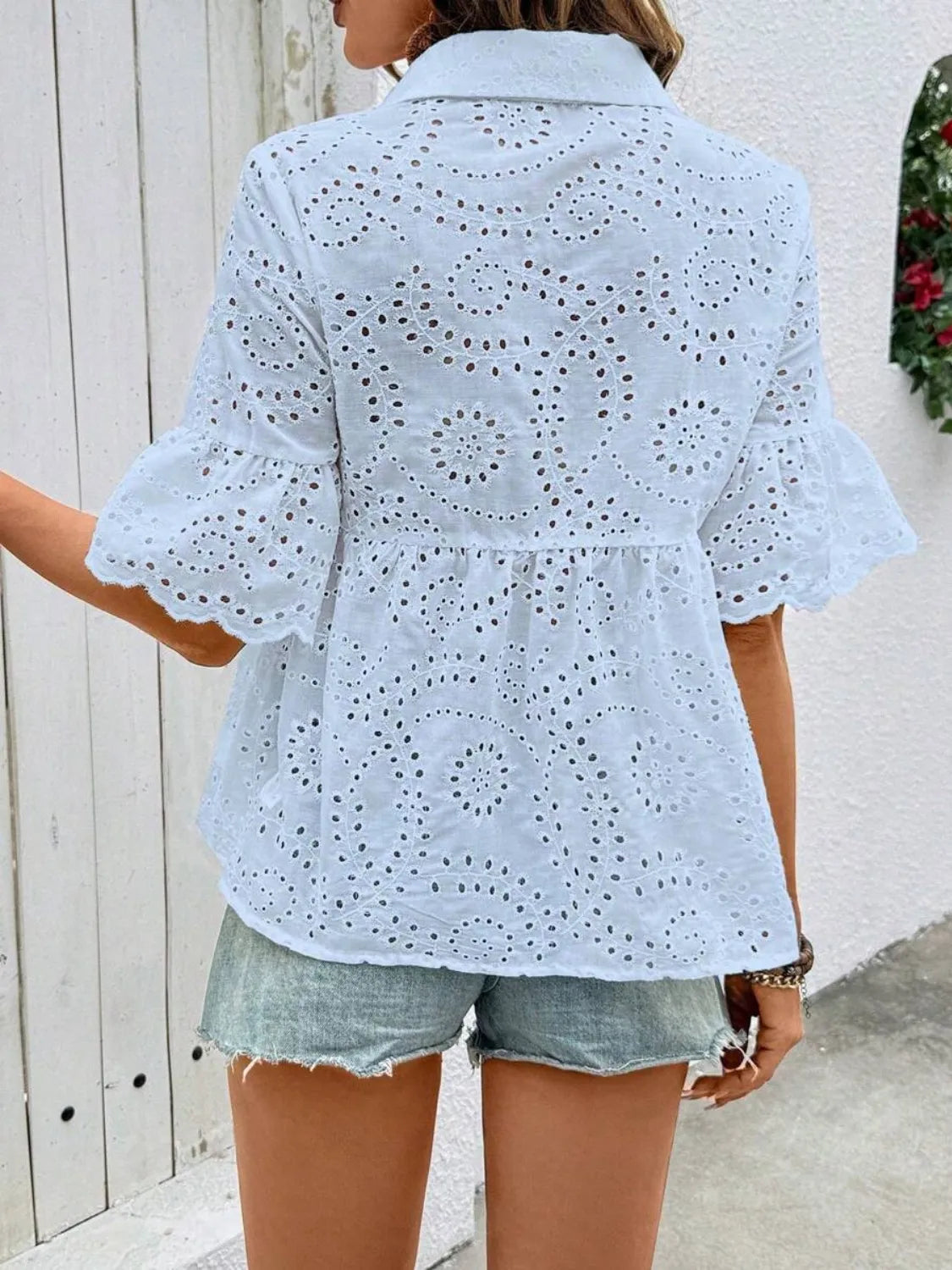 Eyelet Solid Collared Neck Half Sleeve Shirt OutfitFlow